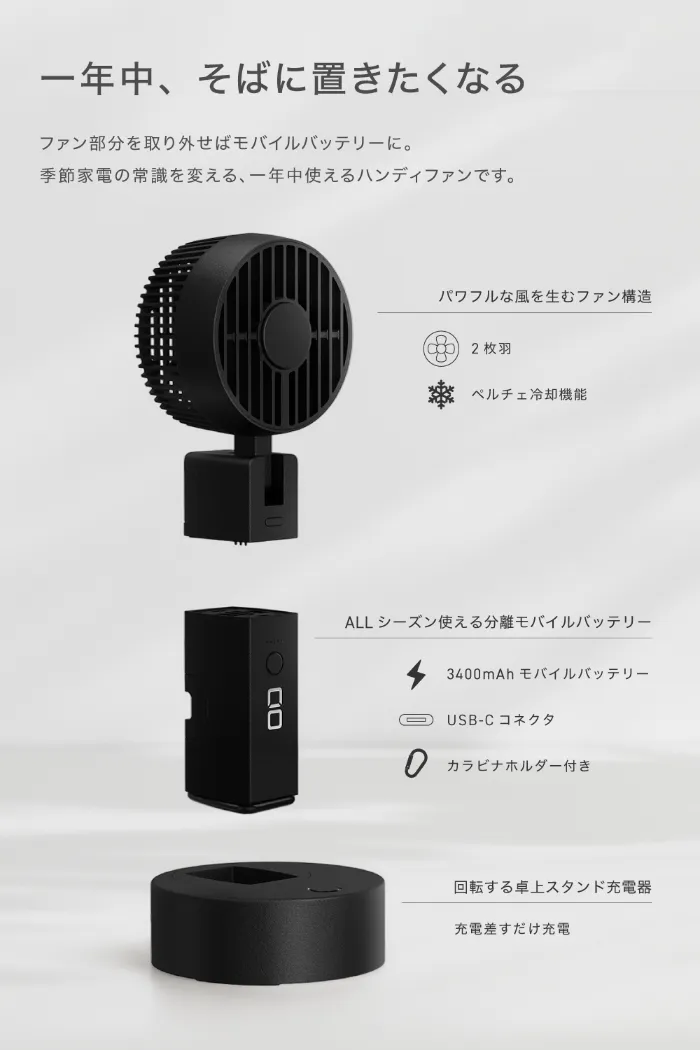 ファンとモバイルバッテリー、充電スタンドに分かれる CIO Handy Fan の構造(CIO公式画像)